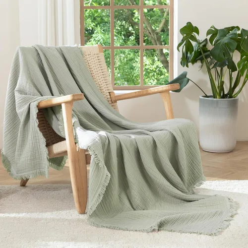 Miniatura 27 de MooMee - Manta de muselina 100% algodón, manta de 4 capas de gasa con borlas, ultra suave, transpirable, ligera y refrescante para cama y sofá Verde