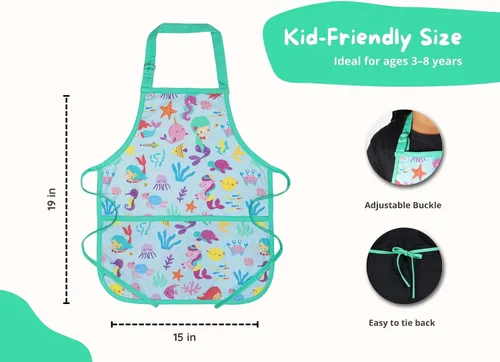 Miniatura 3 de PurpleEssences Delantal para niños con correa ajustable para el cuello y bolsillo frontal, delantal de chef para hornear y manualidades, 15 x 18