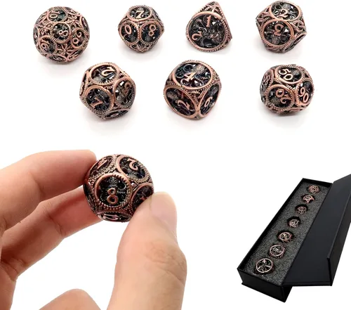 Miniatura 22 de Dados DND, dados de metal huecos D&D, juego de dados de mazmorras y dragones con caja de regalo, 7 piezas de juegos de dados poliédricos steampunk