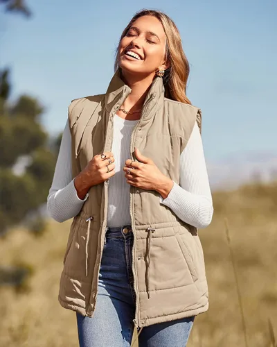 Miniatura 2 de BTFBM Chaleco casual para mujer, con botones, con cremallera, acolchado, con cordón, sin mangas, con bolsillos