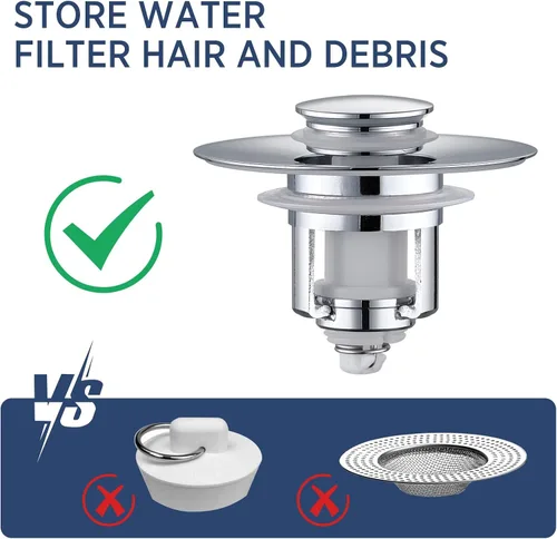 Miniatura 4 de Tapón universal 2 en 1 para lavabo de baño, paquete de 2 coladores de drenaje emergente para lavabo para orificios de drenaje de lavabo de Plata