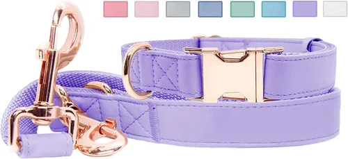 Miniatura 12 de Juego de collar y correa de cuero suave para perro (6.6 pies), elegante hebilla de metal resistente de oro rosa, correa de 4 longitudes ajustables