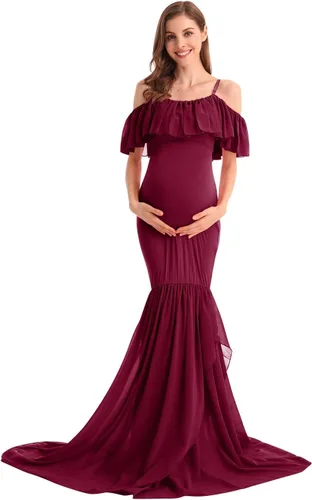 Miniatura 20 de MYRISAM Vestido de maternidad con volantes y hombros descubiertos para mujer, vestido de fiesta de sirena de gasa, vestido ajustado