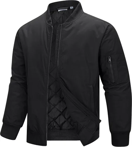 33,000ft Chaqueta bomber para hombre, impermeable, con cremallera, acolchada, ligera, cálida, casual, primavera, otoño e invierno Negro