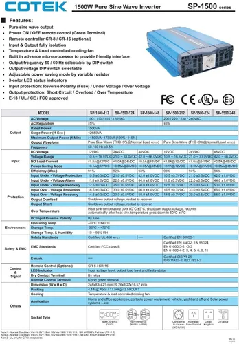 Miniatura 6 de SP-1500-112 Inversor de onda sinusoidal pura con GFCI dual 12VDC 120VAC 1500W (SP-1500-112)