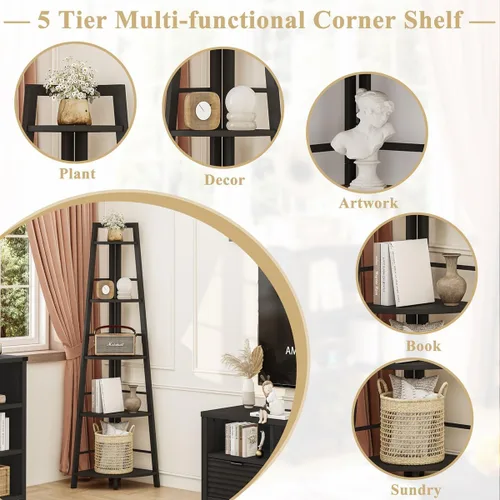 Miniatura 5 de BON AUGURE Estantería Esquinera de Escalera, Librero Esquinero de Madera y Metal Negro de 5 Niveles, Unidad de Estantería Estrecha y Alta