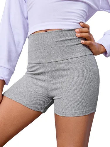 Cozyease Pantalones cortos de ciclista de cintura alta de punto acanalado para niña, leggings cortos de cintura ancha