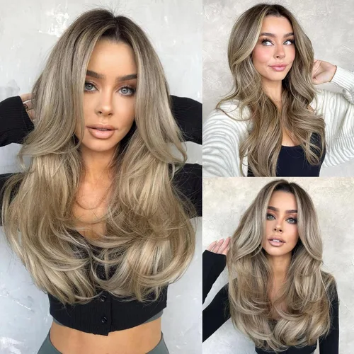 Miniatura 5 de LONAI Pelucas de color castaño ceniza para mujer, 24 pulgadas de largo, color marrón degradado, parte media, peluca de cabello sintético para uso