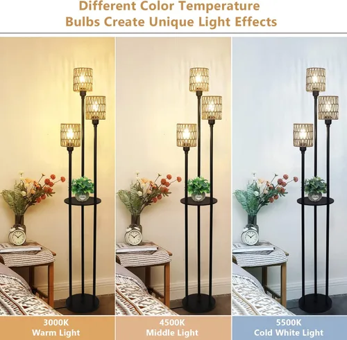 Miniatura 2 de Lámpara de pie bohemia con estantes, lámpara de pie alta de granja de 3 luces con interruptor de pie de encendido/apagado, lámpara de pie rústica