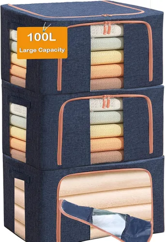 Miniatura 7 de Bolsas de almacenamiento grandes, contenedores de almacenamiento plegables con marco de metal en forma de sujeción, contenedores organizadores