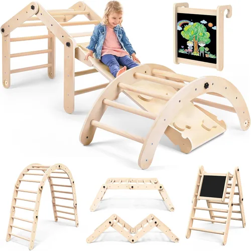 Miniatura 8 de Conjunto de Triángulo Pikler Plegable Juguetes de Escalada de Madera para Niños Pequeños Interiores, Parque Infantil Gimnasio de Jungla para Niños