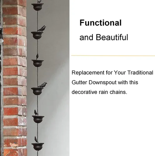 Miniatura 3 de Jemeni Cadena de lluvia de 5.5 pies con 8 pájaros en copas, cadena de canalón de metal de bronce oscuro, fácil de instalar con colgador adjunto