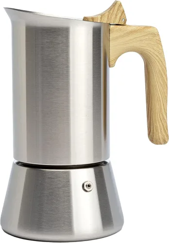Primula Cafetera y cafetera de acero inoxidable de alta calidad, olla moka para café clásico italiano, 6 tazas, mango de aspecto de madera