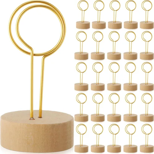 24 soportes de madera para números de mesa, alambre de metal con base de madera para una mejor estabilidad, soportes para tarjetas, centros de mesa,