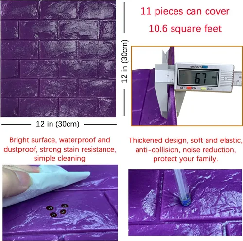 Miniatura 5 de 11 piezas de paneles de pared 3D de ladrillo falso adhesivo de espuma morada, papel tapiz de ladrillo autoadhesivo, paneles de pared de piedra falsa