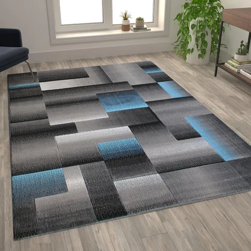 Miniatura 8 de Flash Furniture Elio Collection - Alfombra de área con patrón de bloques de color, alfombra de olefina azul de pelo alto, alfombra de área de 2 x 3
