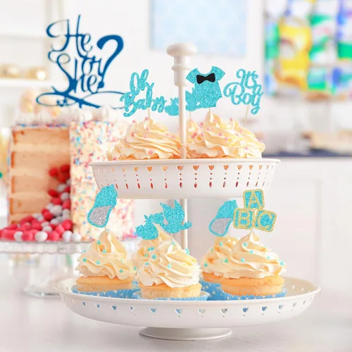 Miniatura 5 de 24 adornos para cupcakes Oh Baby con purpurina azul "It's a Boy" con botella de cisne, para baby shower, revelación de género, decoraciones
