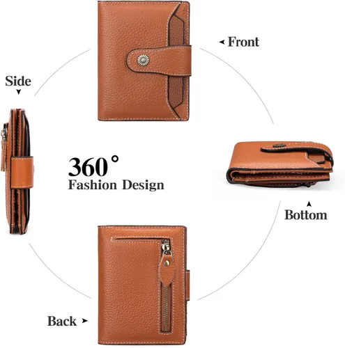 Miniatura 4 de FALAN MULE Cartera pequeña para mujer, de piel auténtica, plegable, compacta, con bloqueo RFID, pequeña cartera para mujer, ZAO-Caramelo, Compacto