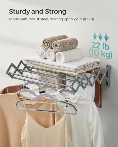 Miniatura 5 de SONGMICS Estante de Secado de Ropa, Estante de Secado de Ropa Montado en la Pared, Pequeño Estante de Ropa Acordeón, 9 Varillas Colgantes Gris paloma