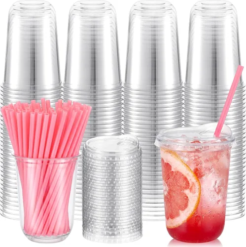 Miniatura 8 de Ziliny Juego de 25 vasos de plástico transparente con pajitas rosas en forma de corazón y tapas sin popote, vasos desechables para mascotas de fondo