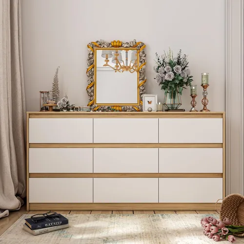Miniatura 10 de Cómoda de 9 cajones para dormitorio con cajones profundos, cómodas grandes de piso de madera y cajoneras sin manijas, cómodas largas negras modernas