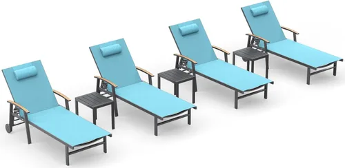 Miniatura 22 de Ciokea Sillón para exteriores con almohada, tumbona de aluminio de 5 posiciones con ruedas y reposabrazos, silla de piscina resistente de 400 libras