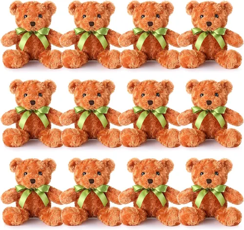 Hungdao 12 piezas de osos a granel, animales de peluche de 10 pulgadas, lindos animales de peluche suaves con lazos verdes para baby shower, fiesta