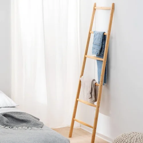 Miniatura 5 de Navaris Escalera para toallas de bambú, estante de madera, toalla, toalla, ropa, barandilla de lino para baño y dormitorio, soporte para toallas