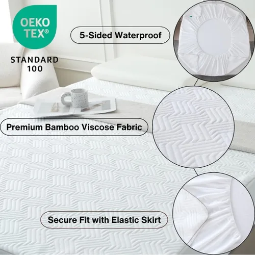 Miniatura 2 de Protector de colchón impermeable de 5 lados, viscosa de bambú suave, refrescante y transpirable, bolsillo profundo para camas de hasta 18 pulgadas