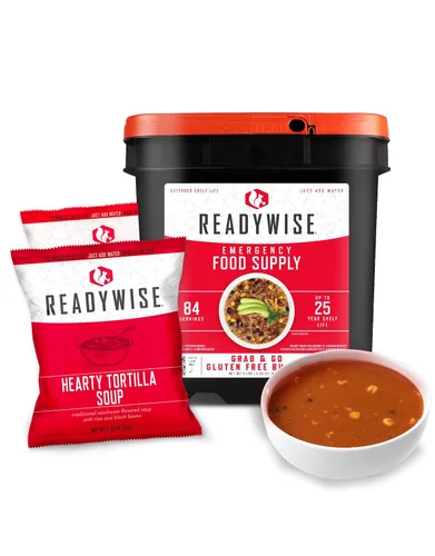 ReadyWise Suministro de alimentos de emergencia: 84 porciones sin gluten, cubo de alimentos de supervivencia, comidas deshidratadas y alimentos