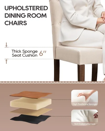 Miniatura 4 de Juego de 2 sillas de comedor, tapizadas Parsons con botones y patas de madera maciza, sillas de cocina de tela moderna para comedor, color beige