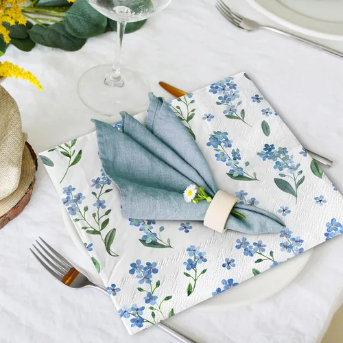 Miniatura 5 de AnyDesign Paquete de 80 servilletas de almuerzo florales azules, desechables, acuarela, flores, servilleta de papel, olvides de miosotis, Sylvatica