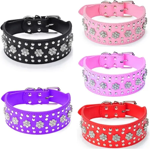 Miniatura 7 de Collares de perro con diamantes de imitación, diseño de flores, de piel sintética con tachuelas y diamantes de cristal brillantes, deslumbrante, Rojo