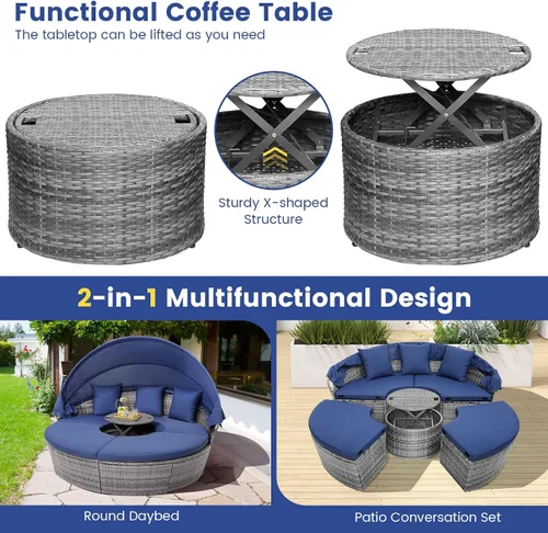 Miniatura 8 de HAPPYGRILL Sofá cama al aire libre con toldo, sofá modular de mimbre de ratán con mesa auxiliar, cojines, juego de conversación de patio para Gris