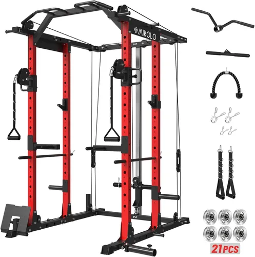 Miniatura 18 de Mikolo Jaula de Potencia, Rack de Potencia con Sistema de Cruce de Cables, 1500LBS Rack para Sentadillas con Sistema de Jalón LAT, Jaula de Rojo