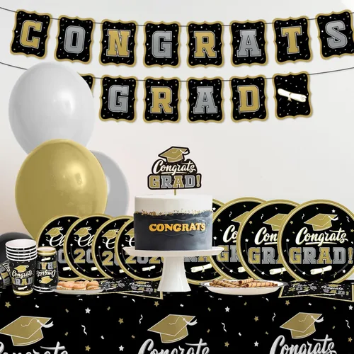Miniatura 6 de Decoraciones de graduación de clase de 2026, juego de vajilla de fiesta de graduación de graduación negro y dorado, platos de papel desechables