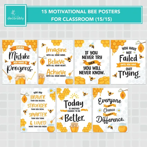 Miniatura 7 de Decorably 15 pósteres motivacionales de abeja para aula, 11 x 14 pulgadas, laminado mate, decoración inspiradora de abejas – tablones de anuncios