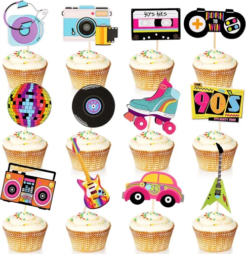 Epakh 48 piezas de decoración para cupcakes de los años 90, decoración de fiesta temática de los años 90, hip hop, música, danza, retro, skate,