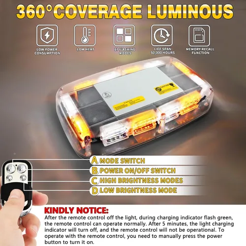 Miniatura 8 de Luz estroboscópica recargable para techo, ámbar y blanca, de emergencia, inalámbrica, con batería, 17 modos de parpadeo, brillo alto y bajo, luces