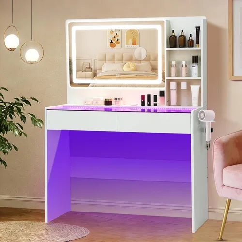 Escritorio de maquillaje con espejo LED y luces RGB, mesa de tocador de cristal para mujer, brillo ajustable y 3 modos de color, 2 cajones de Blanco