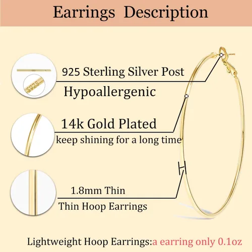 Miniatura 5 de Cocadant Big Gold Hoop Earrings for Women Girls,Dainty 14k Gold Hypoallergenic Rose Gold Silver Hoop Earrings with 925 Sterling Silver