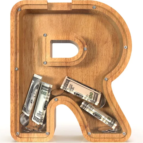 Miniatura 58 de Alcancía para niños y niñas, alcancía grande de madera personalizada con diseño recortado, bancos de monedas con letras del alfabeto, caja de ahorro