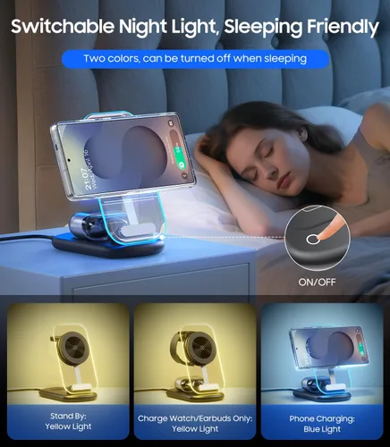 Miniatura 2 de Meifigno Estación de carga inalámbrica magnética 3 en 1 para Samsung, soporte de cargador MagSafe plegable con luz nocturna conmutable para Galaxy