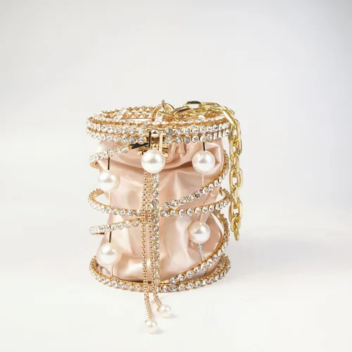 Miniatura 5 de Bolso bandolera metálico de lujo con diamantes de imitación para mujer, diseño de cadena de perlas 2025, ideal para vacaciones, fiestas, bodas