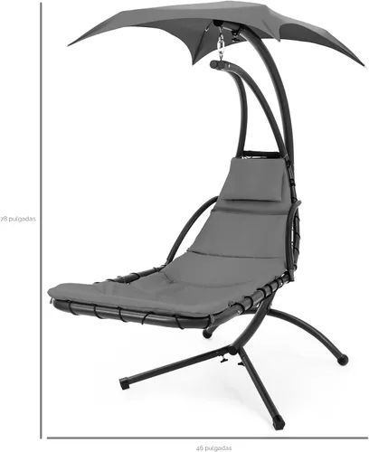 Miniatura 2 de Best Choice Products Silla colgante curva de acero para exterior, silla de descanso tipo chaise lounge con cojín integrado y toldo extraíble - Gris