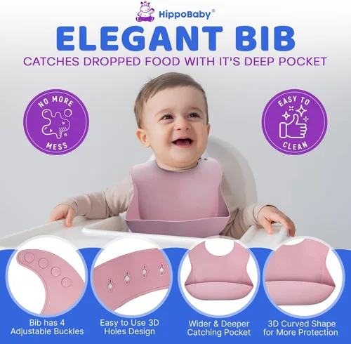 Miniatura 6 de HippoBaby Suministros de destete para bebés Juego de alimentación para bebés de silicona de 10 piezas, babero para bebé y niño pequeño, taza