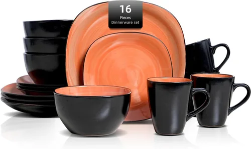 Miniatura 14 de juego de vajilla de cerámica de 16 piezas en forma cuadrada, interior rosa brillante + exterior negro mate