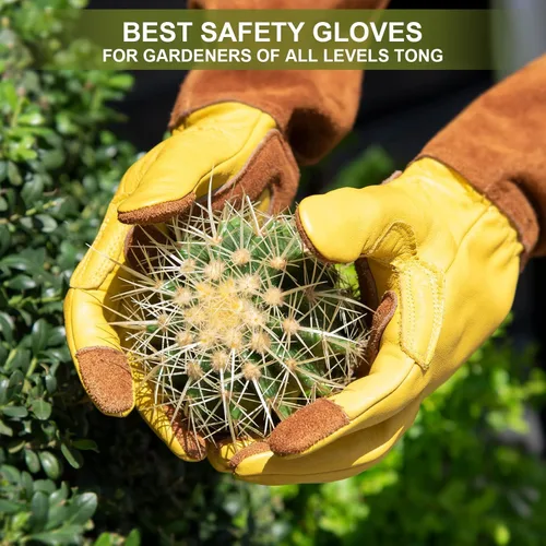 Miniatura 3 de Guantes largos de jardinería para mujeres, a prueba de espinas, guantes de cuero de vaquilla para poda de rosas, para cactus, rosas y moras