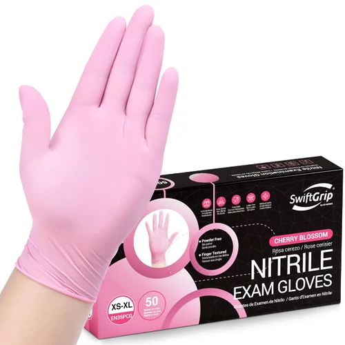 SwiftGrip Guantes desechables de nitrilo – Guantes de examen médico, sin látex, rosa, sin polvo, caja de 50 unidades (grande)