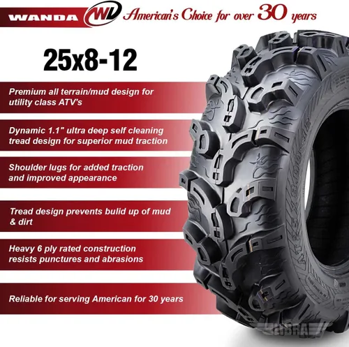 Miniatura 3 de WANDA Juego de 4 neumáticos Premium ATV/UTV 25x8-12 25x8x12 delanteros y traseros Super Lug Mud